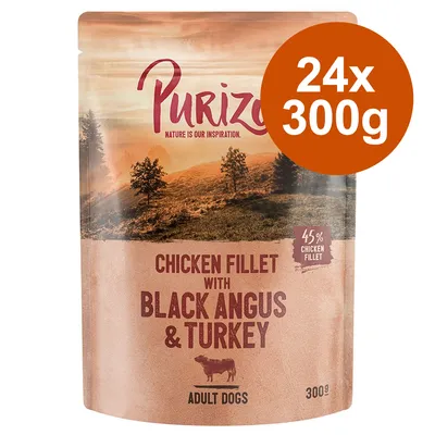 Purizon Chicken Fillet med Black Angus och kalkon, 45 % kycklingfilé, för vuxna hundar. Förpackningsstorlek: 24x300g.