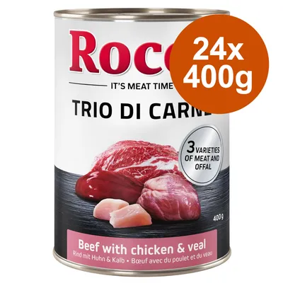 Rocco Trio di Carne, 24x400g, bœuf avec poulet et veau. Texte visible : 3 varieties of meat and offal. Boîte de nourriture pour animaux, poids net 400g. Rocco Trio di Carne, 24x400g, bœuf avec poulet et veau. Texte visible : 3 varieties of meat and offal. Boîte de nourriture pour animaux, poids net 400g.