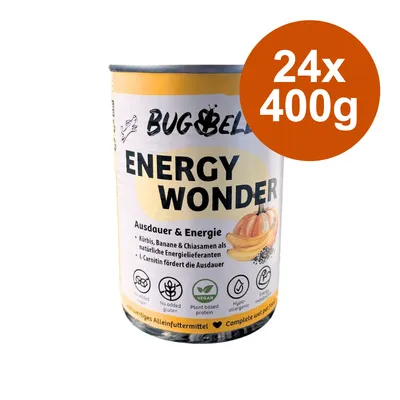 BUGBELL ENERGY WONDER, lot de 24x400g. Texte visible en allemand : Ausdauer & Energie, vegan, protéines végétales, hypoallergénique, sans gluten ajouté, énergie durable.