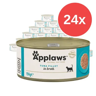 Applaws Natural Cat Food TUNA FILLET in broth, 156g, balení 24× konzerv. Na obalu je obrázek porce tuňáka a text 100% natural ingredients. Applaws Natural Cat Food TUNA FILLET in broth, 156g, balení 24× konzerv. Na obalu je obrázek porce tuňáka a text 100% natural ingredients.
