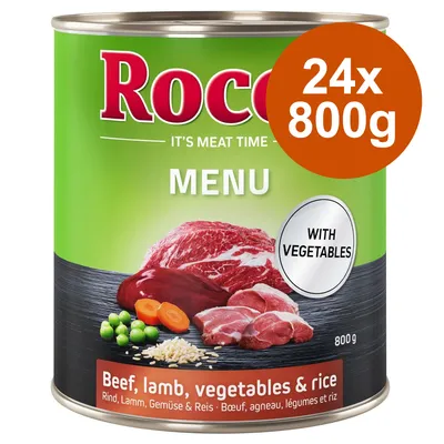Rocco Menu Beef, lamb, vegetables & rice. Mit Gemüse. 24x800g. Abgebildet: Fleischstücke, Erbsen, Karotten und Reis auf der Dose.