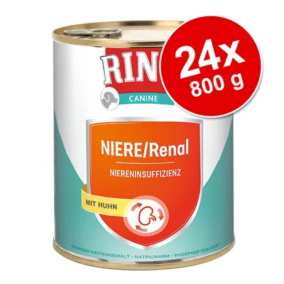 Rinti Canine NIERE/Renal Niereninsuffizienz mit Huhn, 24 x 800 g. Text på burken: niedriger Proteingehalt, natriumarm, phosphor reduziert.