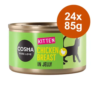 Cosma Pure Love Kitten Chicken Breast in Jelly, 24x85g Dose mit grünem Design und Katzenmotiv.
