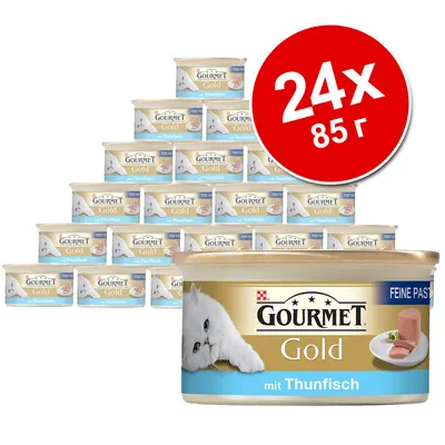 24 банки по 85 г Gourmet Gold mit Thunfisch, паштет для кошек. На упаковке изображён белый кот и кусочек паштета. 24 банки по 85 г Gourmet Gold mit Thunfisch, паштет для кошек. На упаковке изображён белый кот и кусочек паштета.