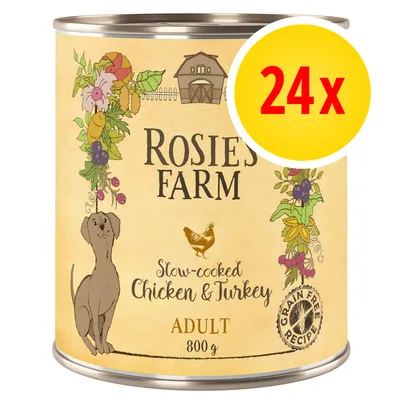 Confezione da 24x800 g Rosie's Farm Slow-cooked Chicken & Turkey Adult, ricetta senza cereali, testo in inglese visibile sull'etichetta.
