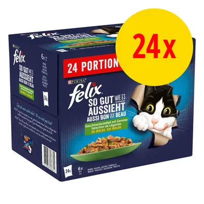 Emballage Felix So Gut Wie Es Aussieht Aussi Bon Que Beau, 24 portions, sélection de légumes en gelée, bœuf, poulet, saumon, truite. Grand cercle jaune avec texte rouge 24x.