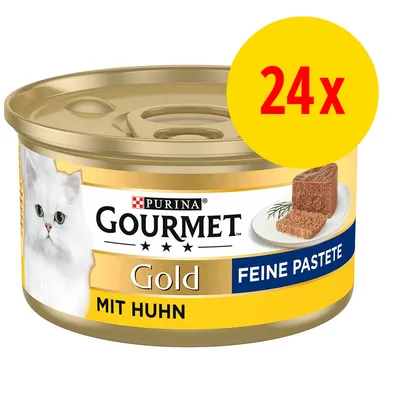 Boîte de pâtée pour chat Purina Gourmet Gold, texte visible : Feine Pastete, Mit Huhn, lot de 24x. Image d’un chat blanc et d’une portion de pâtée sur assiette.