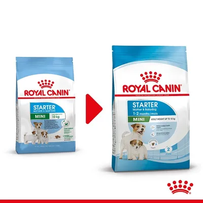 Две опаковки Royal Canin Starter Mother & Babydog Mini 10 кг, показващи промяна в дизайна. Новата опаковка включва текст: 1–2 months/mois, adult weight up to 10 kg.