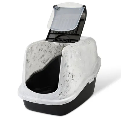 Closed cat litter box with marble design, black base and transparent swing lid. Visible filter insert in the lid.