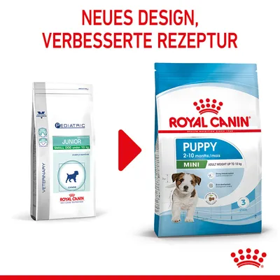 Royal Canin Produktänderung: Neues Design und verbesserte Rezeptur. Junior Small Dog unter 10 kg wird zu Puppy Mini 2-10 Monate, Gewicht bis 10 kg.
