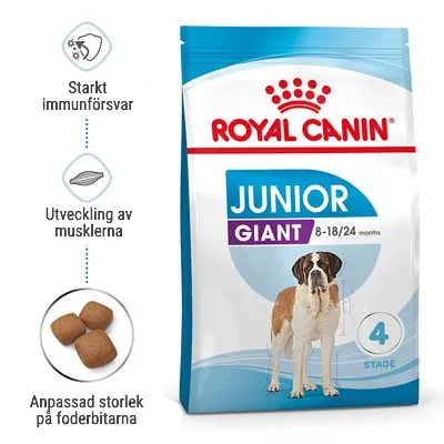 Royal Canin Junior Giant 8–18/24 months hundfoder. Text: Starkt immunförsvar, Utveckling av musklerna, Anpassad storlek på foderbitarna. Bild på stora foderbitar och hund.