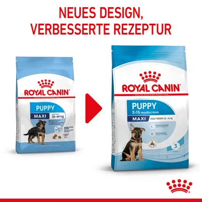 Royal Canin Puppy Maxi, nova zasnova in izboljšana receptura. Primerno za pse od 2 do 15 mesecev s težo 26-44 kg.