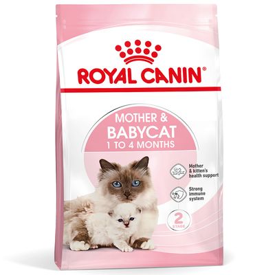 Royal Canin Mother & Babycat 1 to 4 Months, Support for mother and kitten's health, Strong immune system, 2-stage. Image of an adult cat and a kitten.