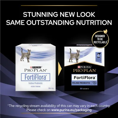 Purina Pro Plan FortiFlora Feline Probiotic, old and new packaging shown. Text: Stunning new look, same outstanding nutrition. Designed to be recyclable. 30 x 1g, 30 sachets.