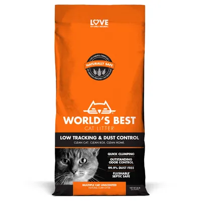 WORLD'S BEST CAT LITTER, LOW TRACKING & DUST CONTROL, QUICK CLUMPING, OUTSTANDING ODOR CONTROL, 99,9 % DUST FREE, FLUSHABLE SEPTIC SAFE, MULTIPLE CAT UNSCENTED, NATURALLY SAFE.