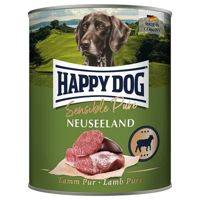 Happy Dog Sensible Pure Neuseeland, cordero puro. Hecho en Alemania. Imagen de carne de cordero cruda y símbolo de perro con estrellas.
