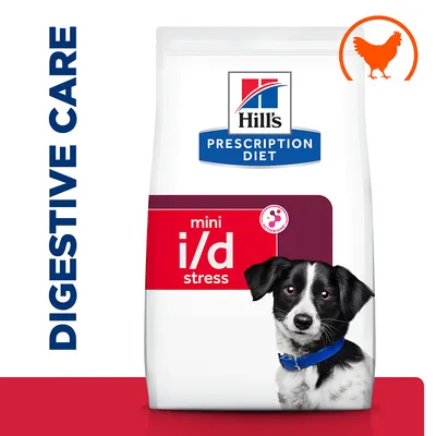 Hill's Prescription Diet mini i/d stress digestive care food with chicken icon, shown on product packaging. Hill's Prescription Diet mini i/d stress digestive care food with chicken icon, shown on product packaging.