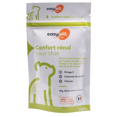 easypill Confort rénal pour chat, 60g. Bevat Omega-3, calciumcarbonaat en chitosan. Tekst in het Frans. Ongeveer 30 bolletjes per verpakking. Merk: osalia.