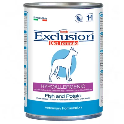 Dorado Exclusion Diet Formula, hypoallergent hundfoder med fisk och potatis. Produkt från Italien, spannmålsfritt, veterinärmedicinskt recept.