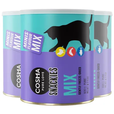 Boîtes Cosma Pure Love Snackies Mix Minis Flavour, texte visible : 100% pure meat & fish, gently freeze-dried. Silhouette de chat et pictogrammes poulet, canard, poisson, bœuf. Boîtes Cosma Pure Love Snackies Mix Minis Flavour, texte visible : 100% pure meat & fish, gently freeze-dried. Silhouette de chat et pictogrammes poulet, canard, poisson, bœuf.