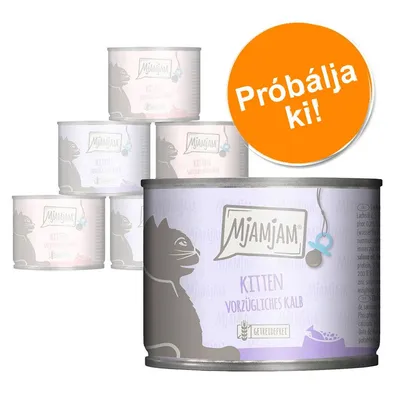 MjAMjAM Kitten Vorzügliches Kalb macskaeledel konzerv, lila címkével. Narancssárga körben: Próbálja ki! felirat. MjAMjAM Kitten Vorzügliches Kalb macskaeledel konzerv, lila címkével. Narancssárga körben: Próbálja ki! felirat.