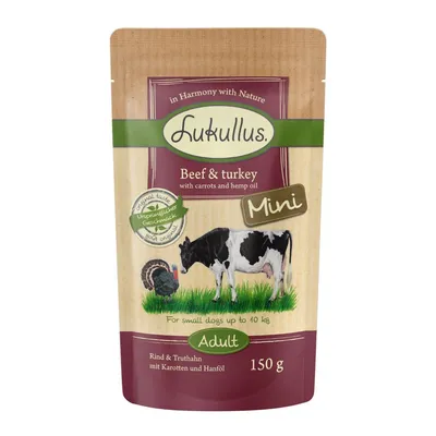 Lukullus Mini Adult Rind & Truthahn mit Karotten und Hanföl, 150 g. Für kleine Hunde bis zu 10 kg. Ursprünglicher Geschmack, ohne künstliche Zusätze.