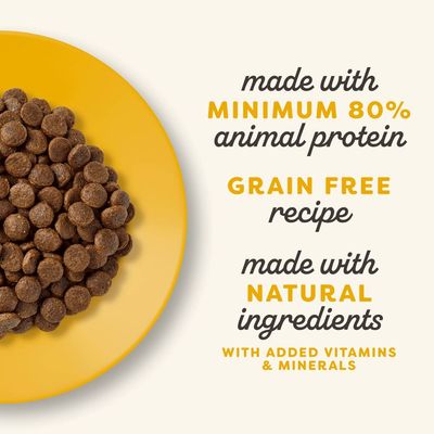 Vyrobené s minimálne 80 % živočíšnych bielkovín, bez obilnín, z prírodných ingrediencií, s pridanými vitamínmi a minerálmi. Text v angličtine.