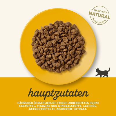 Hauptzutaten: Hähnchen (einschliesslich frisch zubereitetes Huhn), Kartoffel, Vitamine und Mineralstoffe, Lachsöl, getrocknetes Ei, Zichorien-Extrakt. Made with natural ingredients.