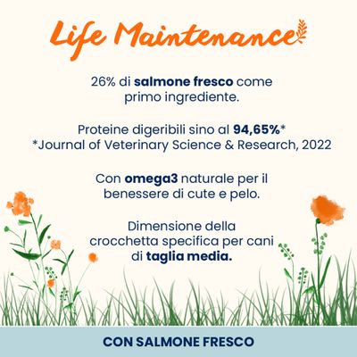 26% di salmone fresco come ingrediente principale, proteine digeribili fino al 94,65%, naturale Omega 3 per pelle e pelo, crocchette di taglia specifica per cani di media taglia.