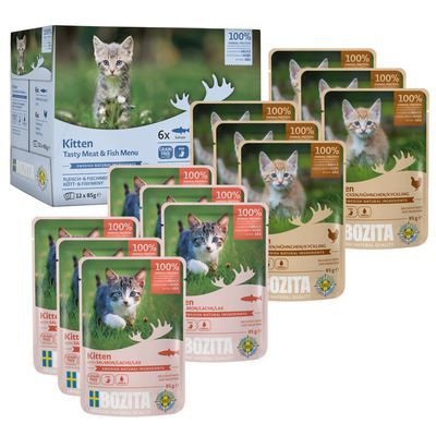 Bozita Kitten Tasty Meat & Fish Menu, 12 x 85 g. Verpakking en zakjes met afbeelding van kitten, tekst: 100% dierlijke eiwitten, Zweedse vlag zichtbaar op verpakking.