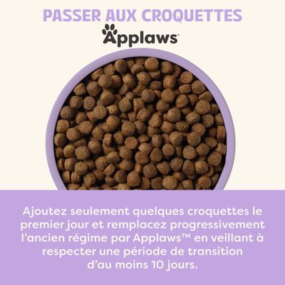 Applaws. Ajoutez quelques croquettes le premier jour, puis remplacez progressivement l'ancien aliment par Applaws sur une période d'au moins 10 jours.