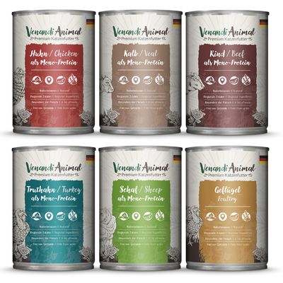 Sex burkar Venandi Animal Premium Katzenfutter med smaker: Huhn, Pute, Rind, Kalb, Pferd, Schaf. Orange cirkel med texten 'Prova nu!'.