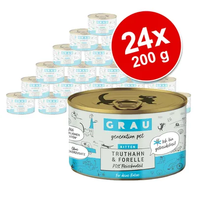 GRAU Kitten kalkon & forell, 70 % köttandel, utan tillsatt socker, spannmålsfri. Förpackning med 24 burkar à 200 g.