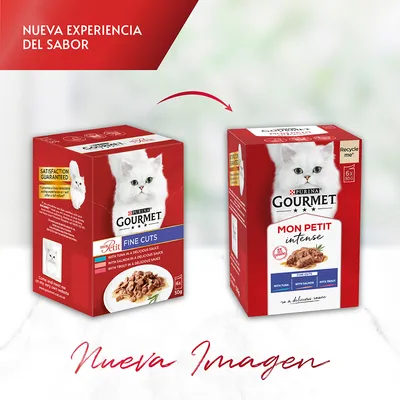Comparativa de dos cajas de PURINA Gourmet para gatos: Fine Cuts y Mon Petit Intense, ambas con imagen de gato blanco y texto 'Nueva experiencia del sabor' y 'Nueva Imagen'.