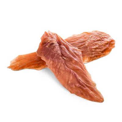 Getrocknete Hühnerfiletstreifen, geeignet als Snack oder Belohnung für Haustiere.