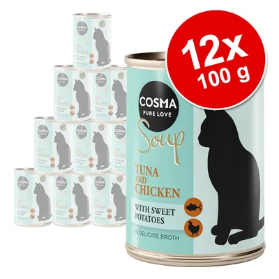 Cosma Pure Love Soup Tuna and Chicken with Sweet Potatoes, 12x100 g burkar. Text: 'in delicate broth'. Bild på katt och symboler för tonfisk och kyckling. Cosma Pure Love Soup Tuna and Chicken with Sweet Potatoes, 12x100 g burkar. Text: 'in delicate broth'. Bild på katt och symboler för tonfisk och kyckling.