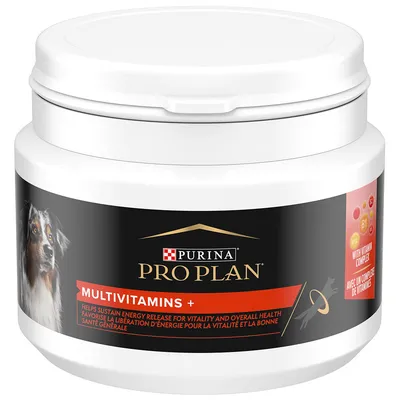 Purina Pro Plan Multivitamins+ Dose mit Vitamin-Komplex für Energie und allgemeine Gesundheit. Enthält B1, B12. Schwarze Verpackung mit Hundebild.