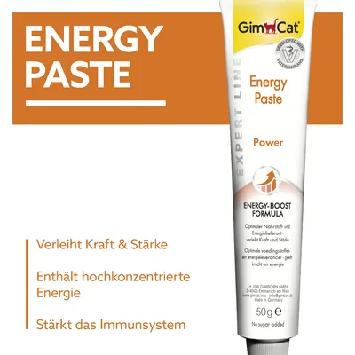 GimCat Energy Paste Power. Verleiht Kraft und Stärke, enthält hochkonzentrierte Energie, stärkt das Immunsystem. Entwickelt mit Tierärzten. 50g, Made in Germany, ohne Zuckerzusatz. GimCat Energy Paste Power. Verleiht Kraft und Stärke, enthält hochkonzentrierte Energie, stärkt das Immunsystem. Entwickelt mit Tierärzten. 50g, Made in Germany, ohne Zuckerzusatz.