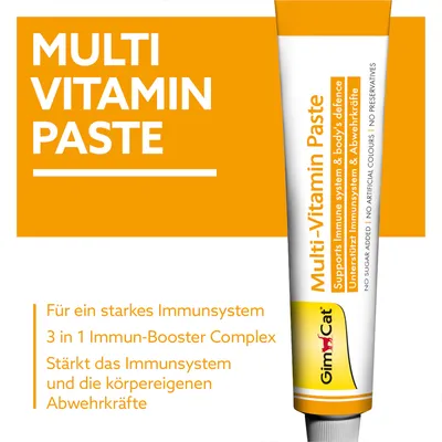 GimCat Multi-Vitamin Paste, Supports Immune system & body's defence, NO SUGAR ADDED, NO ARTIFICIAL COLOURS, NO PRESERVATIVES. Für ein starkes Immunsystem. Besedilo v nemščini in angleščini.