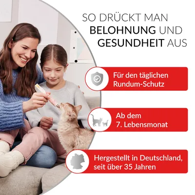 So drückt man Belohnung und Gesundheit aus. Für den täglichen Rundum-Schutz, ab dem 7. Lebensmonat, hergestellt in Deutschland seit über 35 Jahren. So drückt man Belohnung und Gesundheit aus. Für den täglichen Rundum-Schutz, ab dem 7. Lebensmonat, hergestellt in Deutschland seit über 35 Jahren.