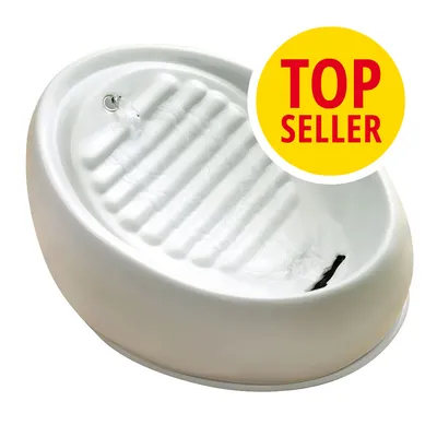 Valkoinen lemmikkien juoma-automaatti, jossa virtaava vesi. Keltainen merkki: TOP SELLER.
