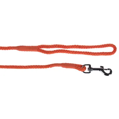 Guinzaglio arancione per cani in materiale intrecciato con moschettone in metallo e passante per la mano.