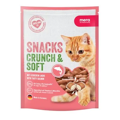 mera Snacks Crunch & Soft met zalm voor katten, 0% suiker, verrijkt met vitaminen en mineralen, Made in Germany. Afbeelding van oranje kat en hartvormige snack. mera Snacks Crunch & Soft met zalm voor katten, 0% suiker, verrijkt met vitaminen en mineralen, Made in Germany. Afbeelding van oranje kat en hartvormige snack.