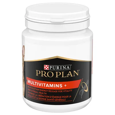 Purina Pro Plan Multivitamins+. Stödjer energiomsättning för vitalitet och allmän hälsa. Text på engelska och franska på vit burk.