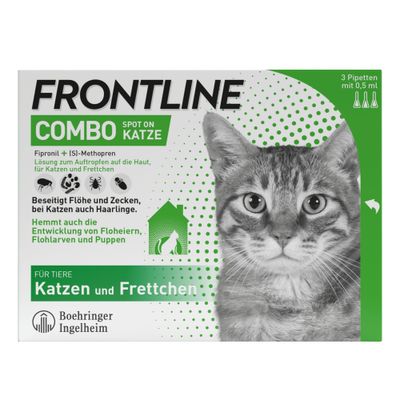 Frontline Combo Spot On Katze, Lösung zum Auftragen auf die Haut für Katzen und Frettchen. Beseitigt Flöhe, Zecken, Haarlinge. Hemmt Entwicklung von Floheiern, Flohlarven, Puppen.