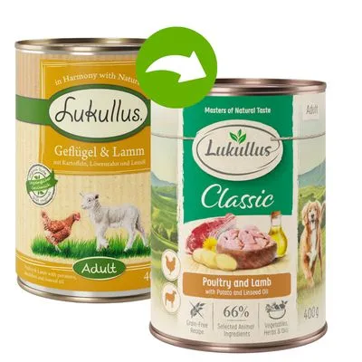 Sparpack: Lukullus Naturkost 24 x 400 g - Lax & kyckling