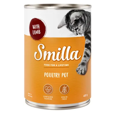 Smilla Poultry Pot with Lamb, contains taurine, grain-free, 400 g. Na opakowaniu widoczny kot i napisy: Food for a lifetime, Made in Germany.
