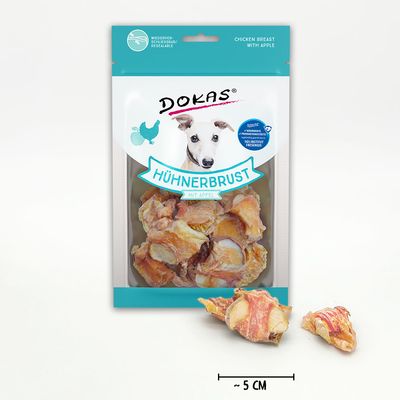 Dokas Hühnerbrust mit Apfel, wiederverschliessbare Verpackung, 93% Fleischanteil, Stückgrösse ca. 5 cm.