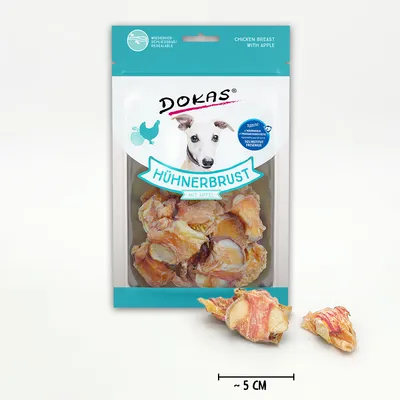 Dokas Hühnerbrust mit Apfel, wiederverschliessbare Verpackung, 93% Fleischanteil, Stückgrösse ca. 5 cm.