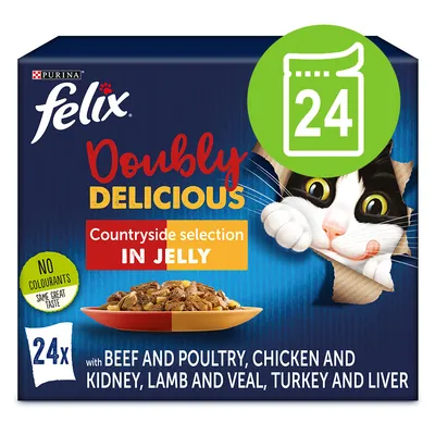 Purina felix Doubly Delicious Countryside selection in jelly, 24× kapsiček. S hovězím a drůbežím, kuřecím a ledvinami, jehněčím a telecím, krůtím a játry. Bez barviv.